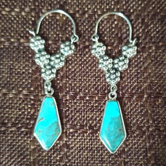 2'' Vintage Southwestern Genuine Turquoise 925 Sterling Silver Dangle Earrings - Picture 4 of 11